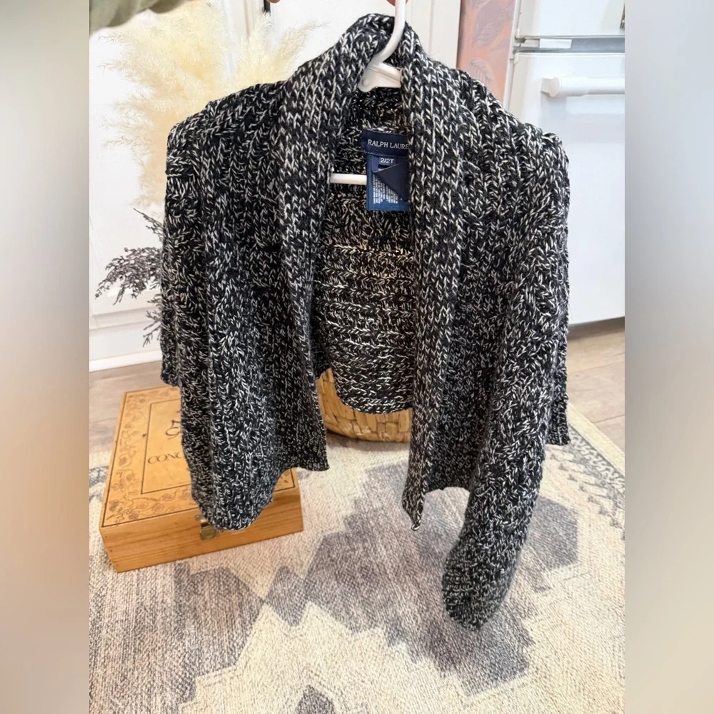 Ralph Lauren Toddler Girl Chunky Knit Black & White Marled Shawl-Collar Cardigan